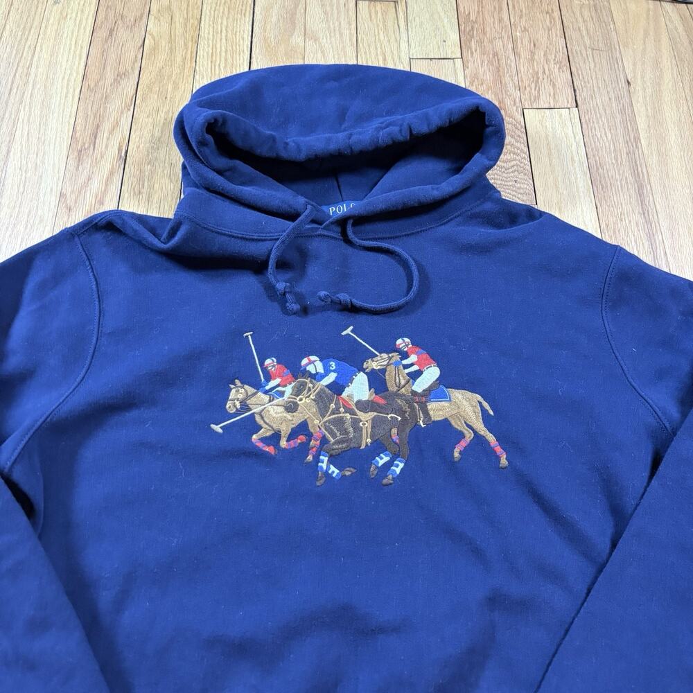 Polo Ralph Lauren Men L Navy Triple Pony Player Fleece Sweatshirt Hoodie Sweater - Picture 2 of 15
